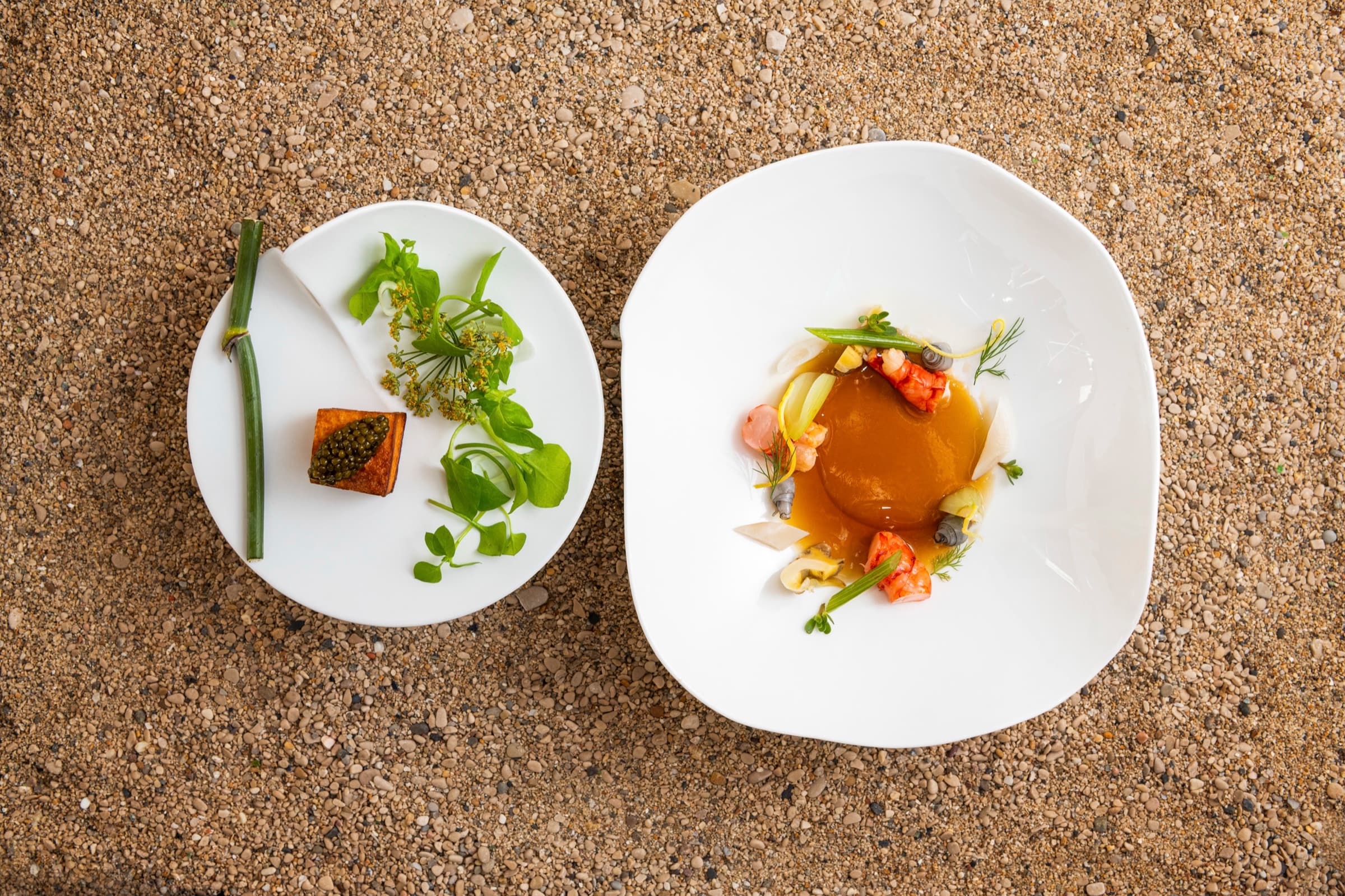 A two-plate composition on coarse beach sand — a small dish of seared red mullet with a green herb salad, beside a wider plate of consommé glazing langoustine and shellfish in clean amber.