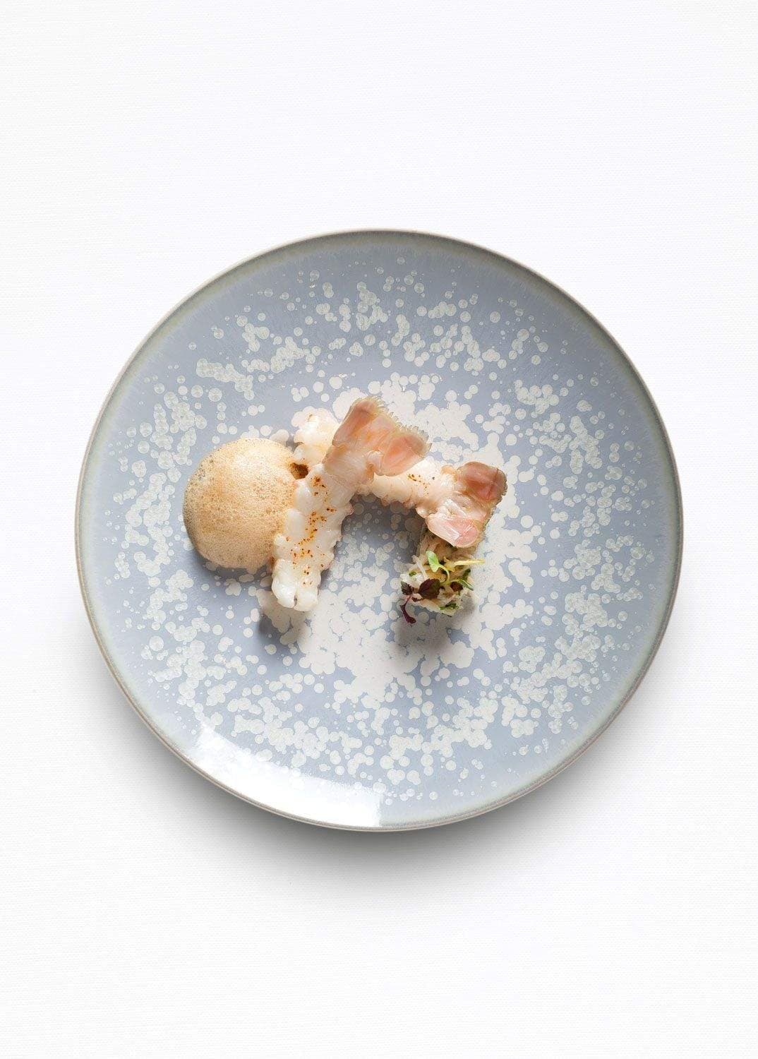 Live Cotinière langoustines in tartare and saisie, served on a dark plate at Restaurant Christopher Coutanceau.