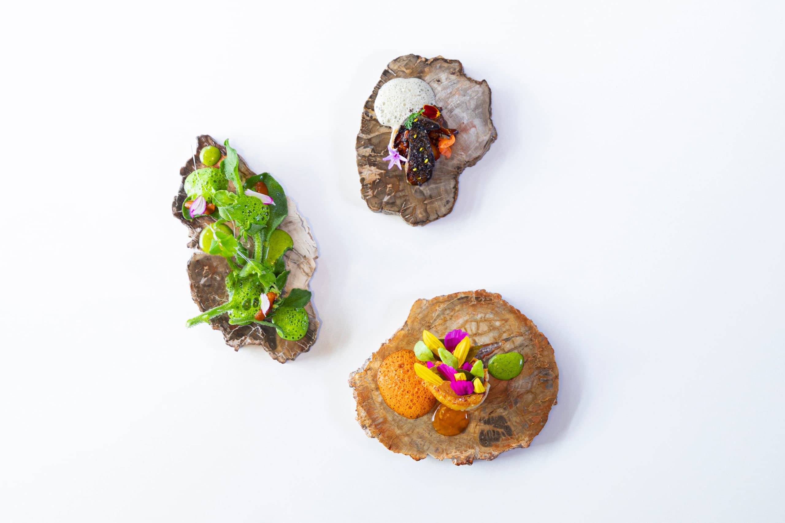 Three small dishes laid on slabs of petrified wood — leaves and herbs on one, a chocolate-dark bite under foam on another, fresh edible flowers and a saffron-orange foam on the third.