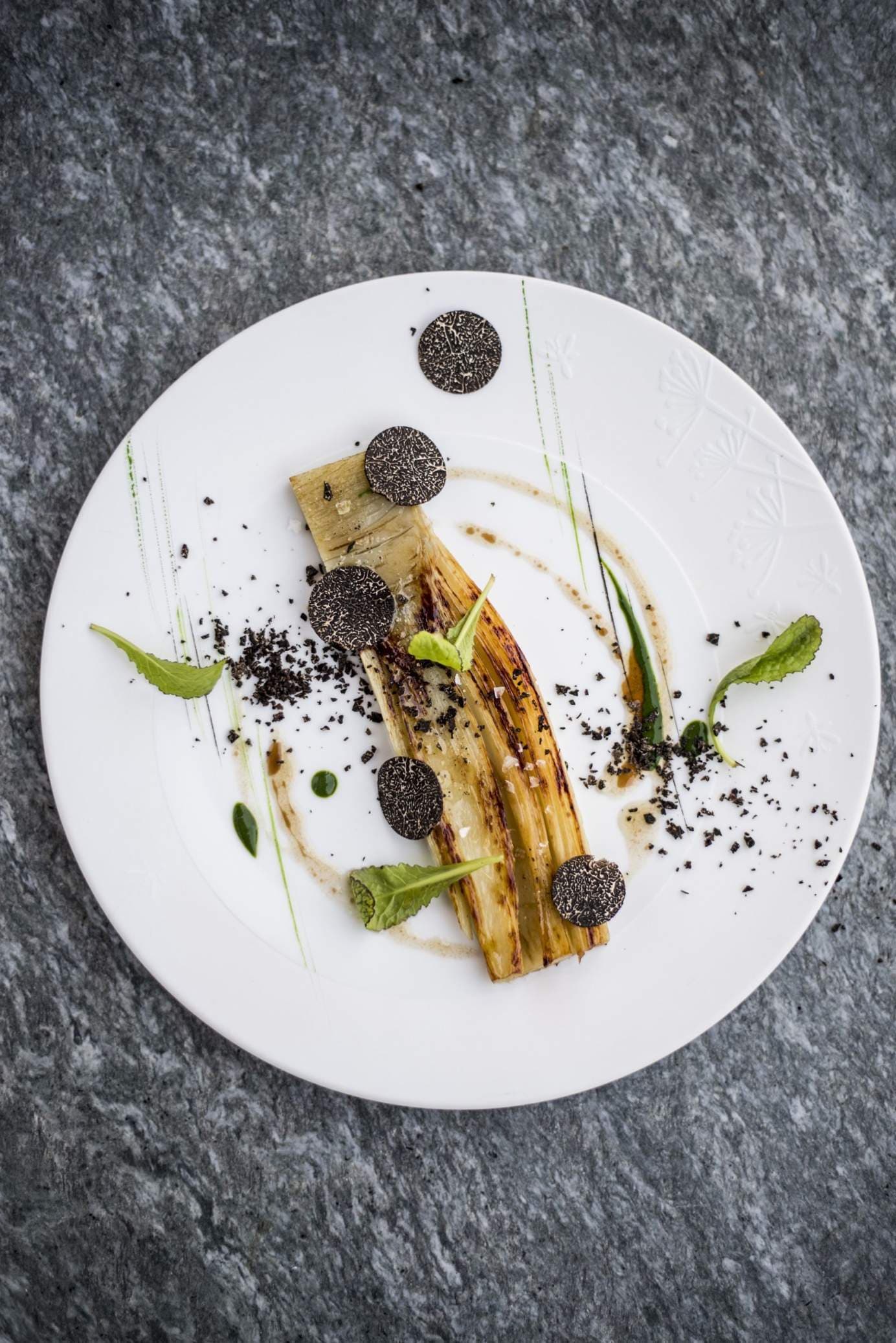 An overhead plate — a single grilled leek length set on a smear of black sauce, dressed with discs of black truffle, small green leaves and a scatter of charcoal crumb on white porcelain.