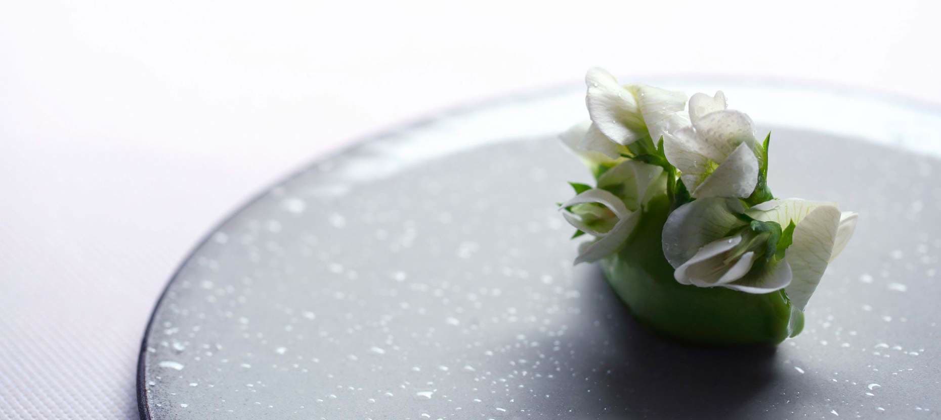 A speckled grey plate holding a small mound of pea purée under a cluster of white pea flowers and translucent petals, soft window light.
