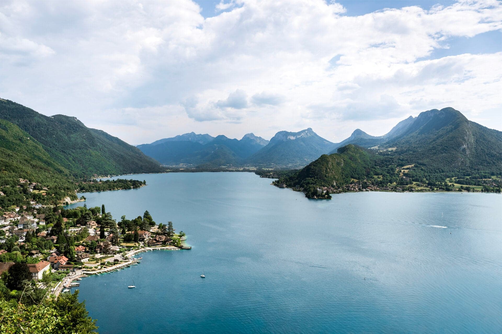 Lac d'Annecy from above Talloires, the village on the shore and the alps lining the southern end of the lake.