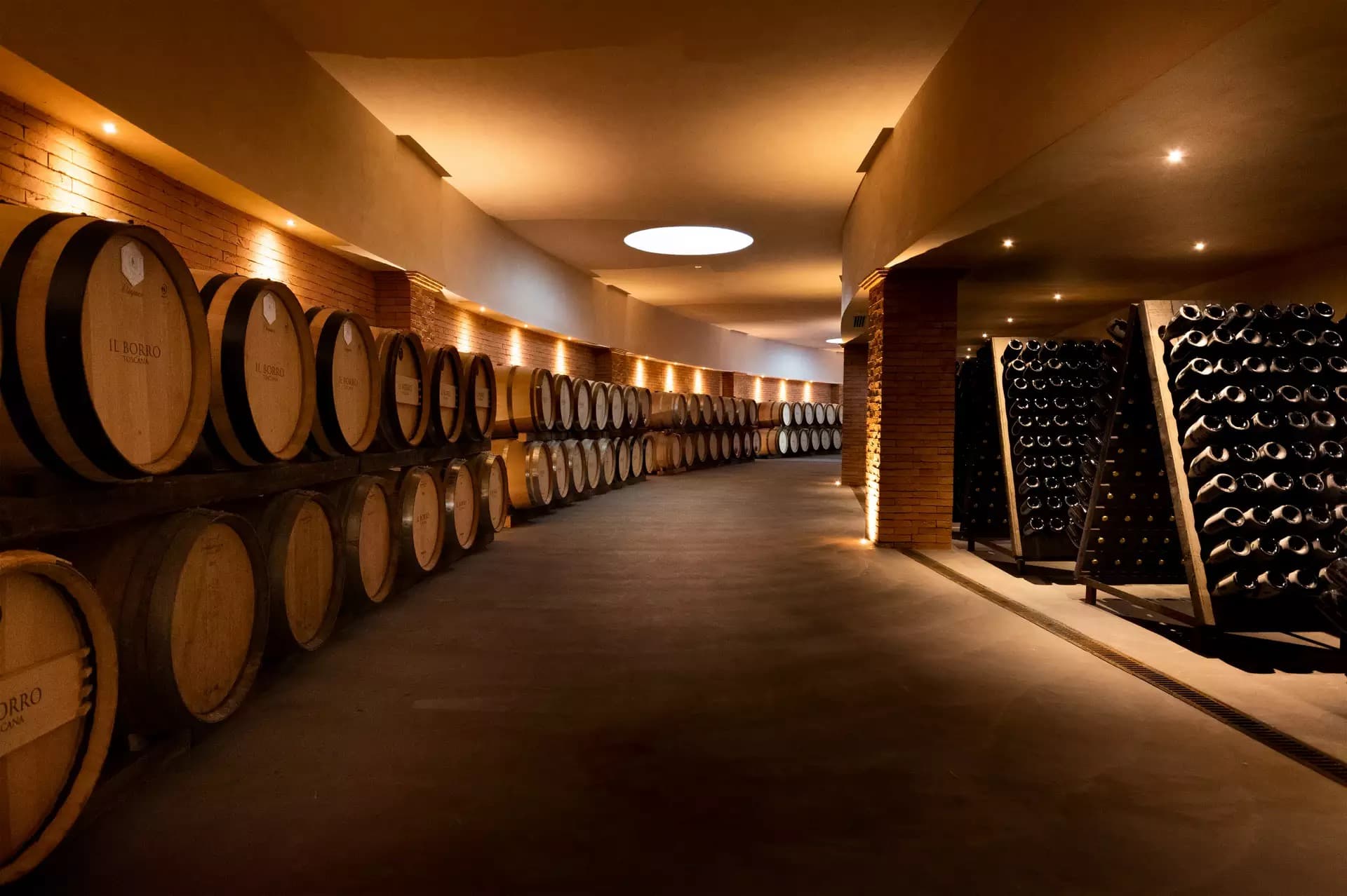 The barrel cellar at Il Borro — rows of branded oak barriques curving under a vaulted brick ceiling, warm light along the walls.