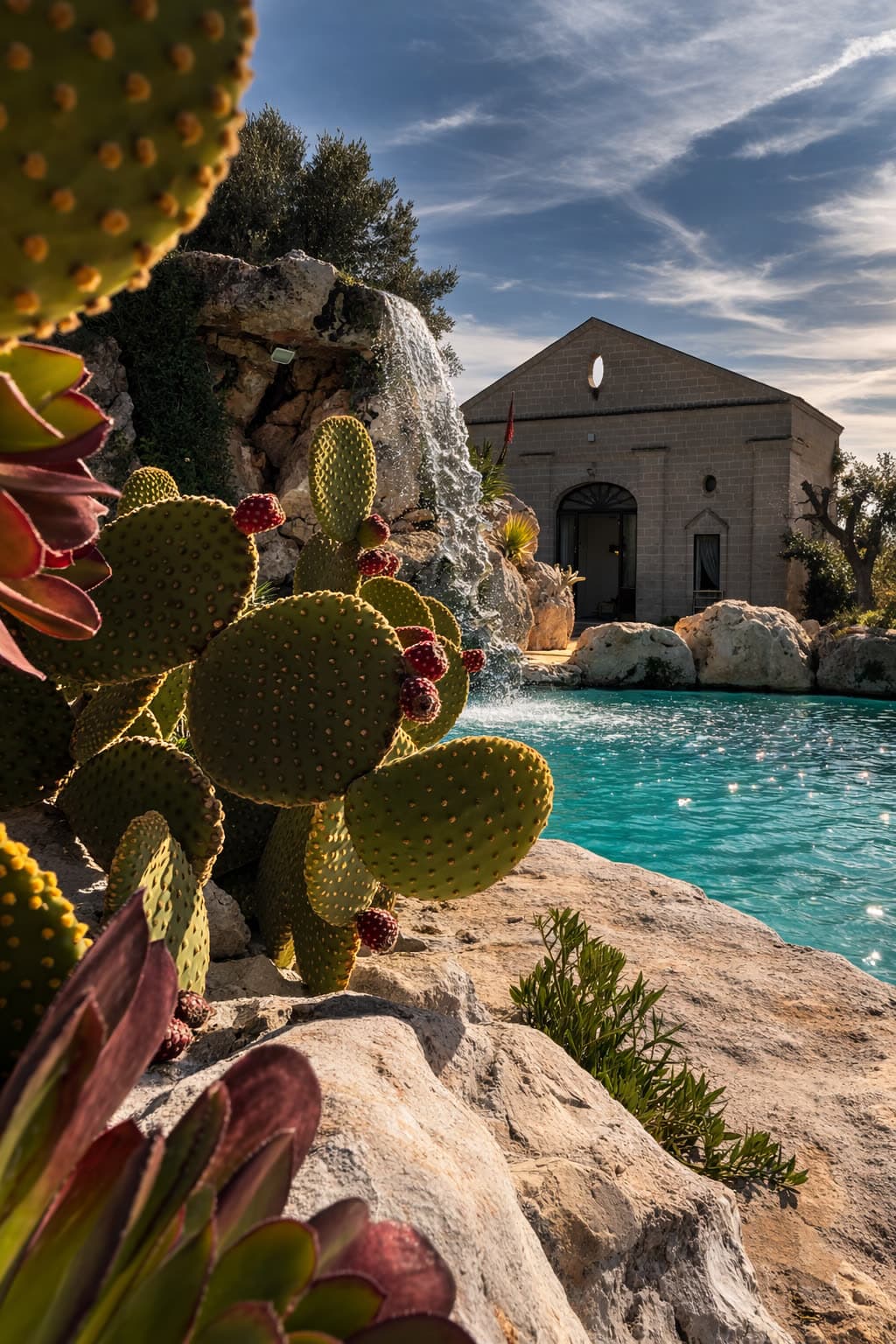 A small chapel-shaped pavilion above the pool, prickly pear and aloe in the foreground against a cloud-streaked sky.