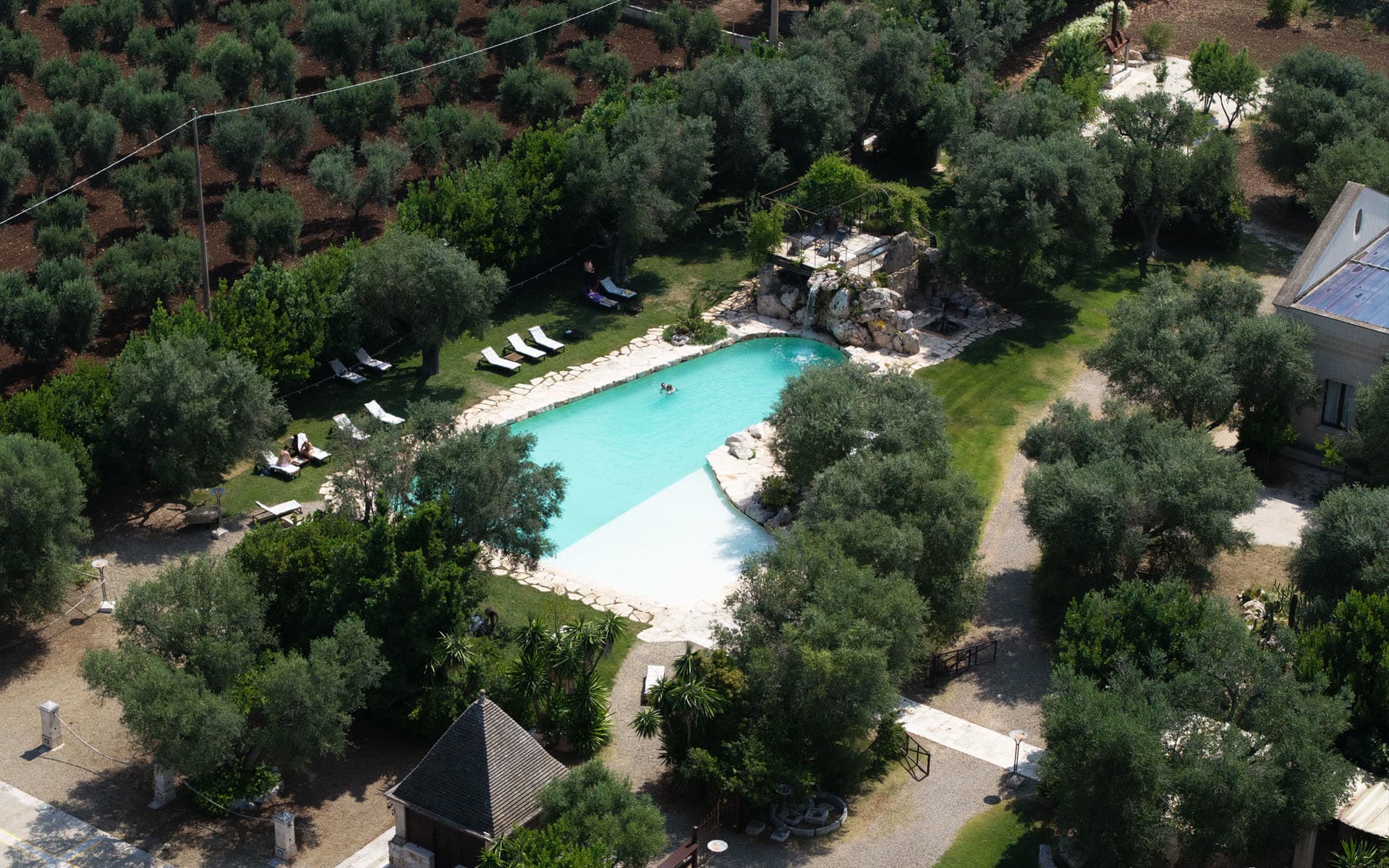 Aerial view of the masseria's long pool ringed by stone and surrounded by olive groves under southern light.