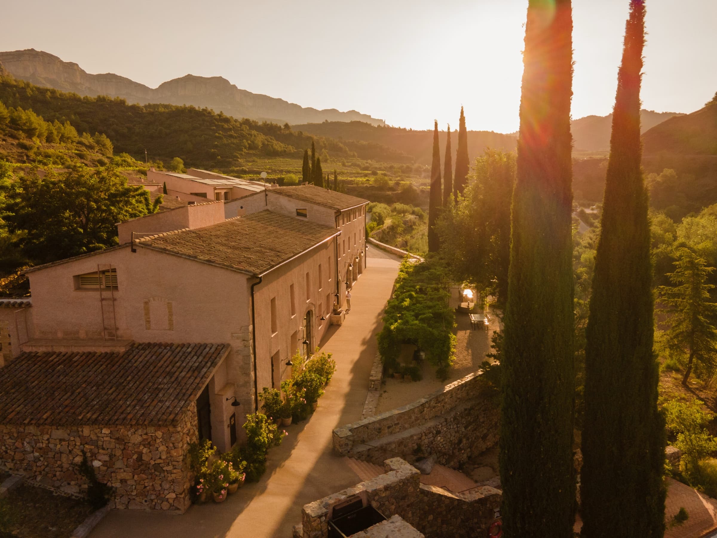 The stone farmhouse buildings at sunset, sun flare through tall cypresses, the warm amber light raking the slopes of the Serra de Montsant beyond.