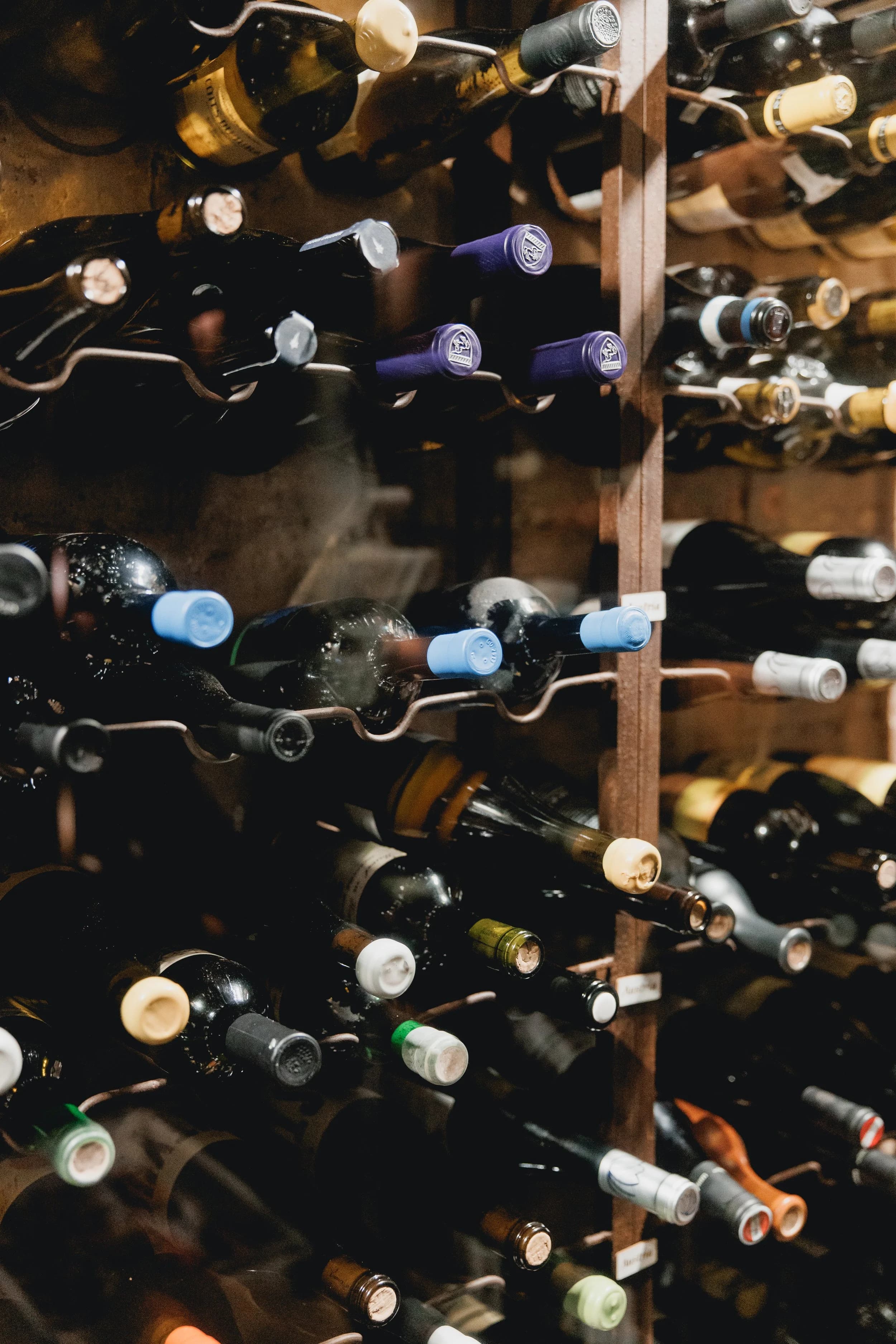 Bottles laid flat on hand-laid wooden racks at La Donaira, capsules in deep blues, claret and gold filling the frame.