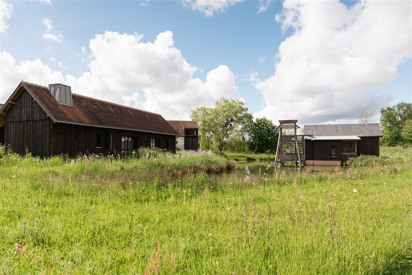 A meadow at the edge of the property, the cottages of the hameau set back among trees in the early light.