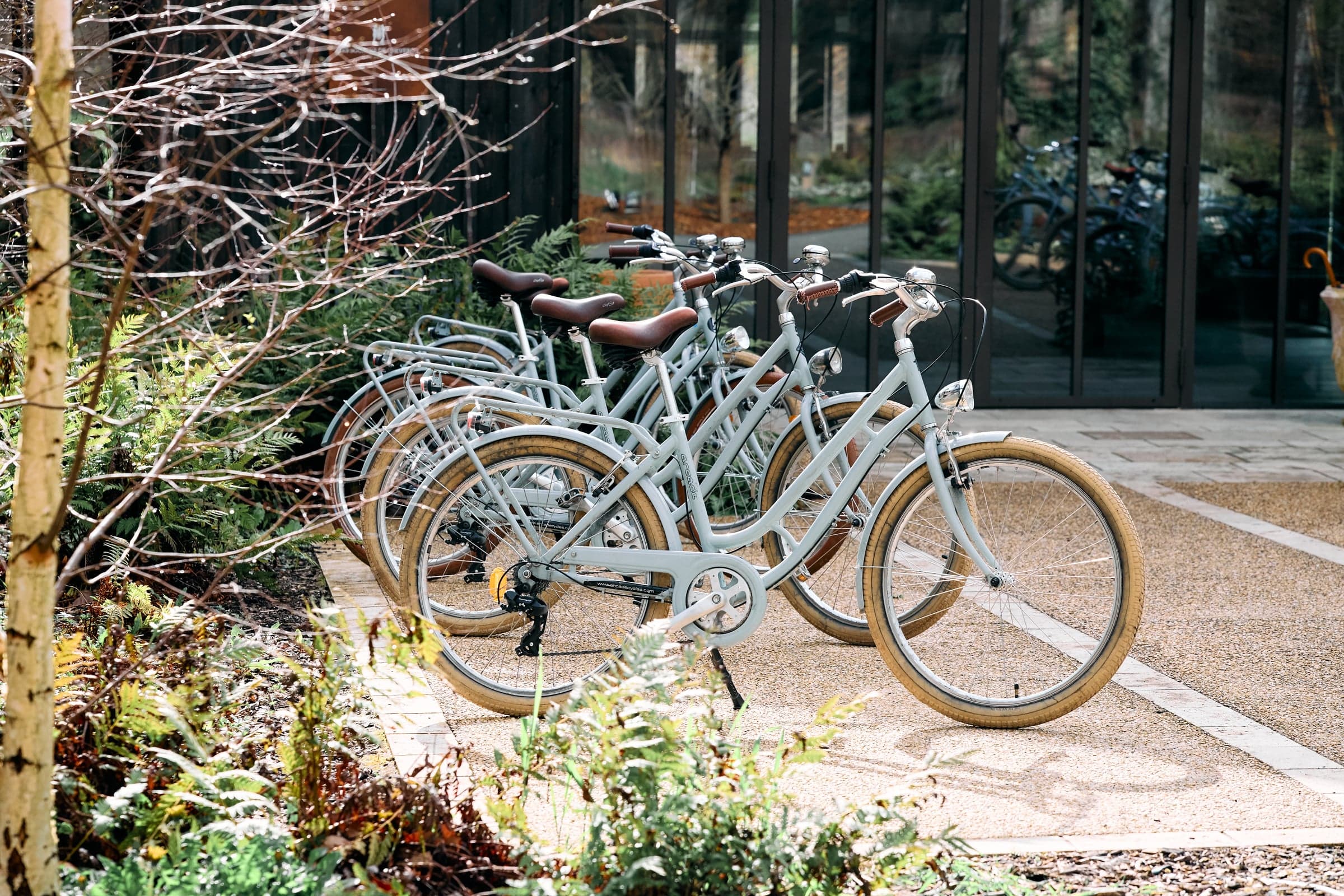 Two pale-blue bicycles propped against a wall on a stretch of cobblestone.