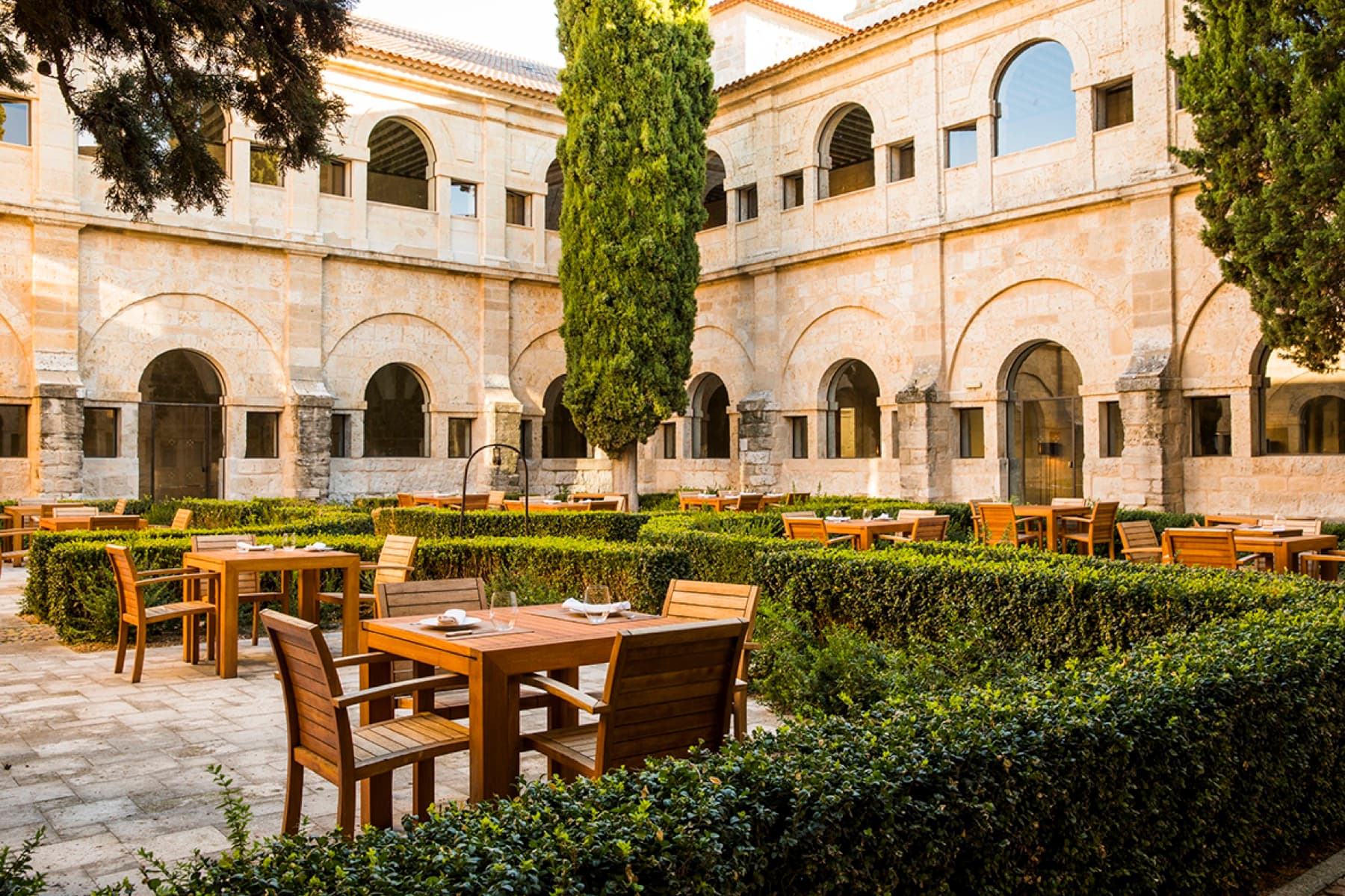 The abbey's cloister courtyard, a single cypress at the centre and tables set under the Romanesque arches.