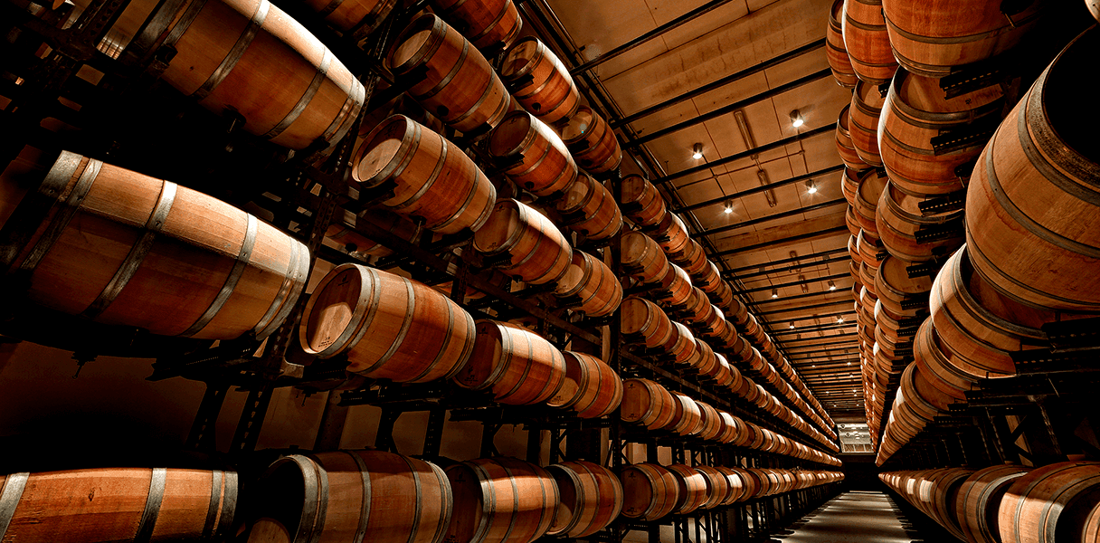 The vaulted barrel cellar at Abadía Retuerta, oak barriques running away in long lines beneath warm light.