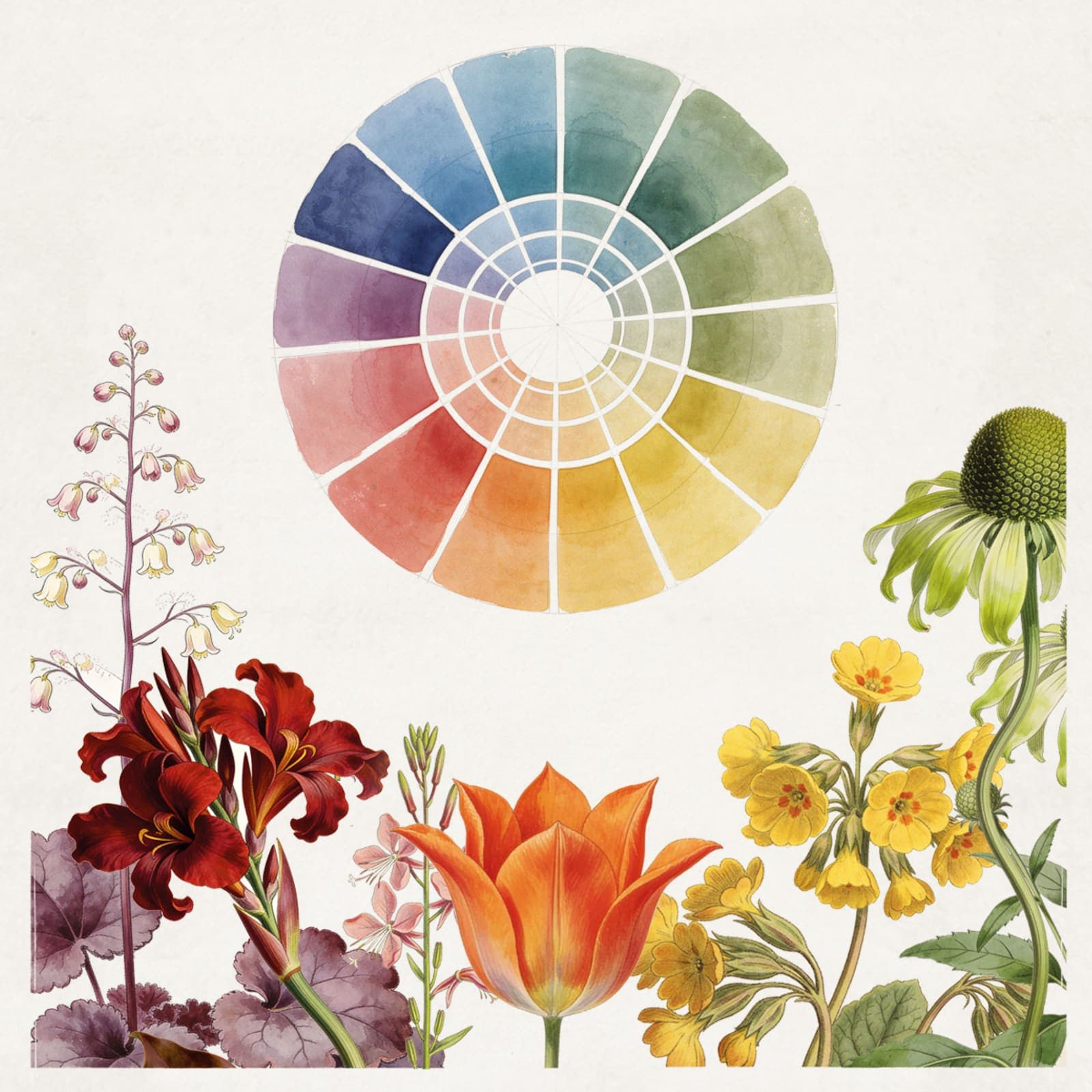 A hand-painted colour wheel with botanical flowers — tulip, primula, foxglove — arranged at its base.